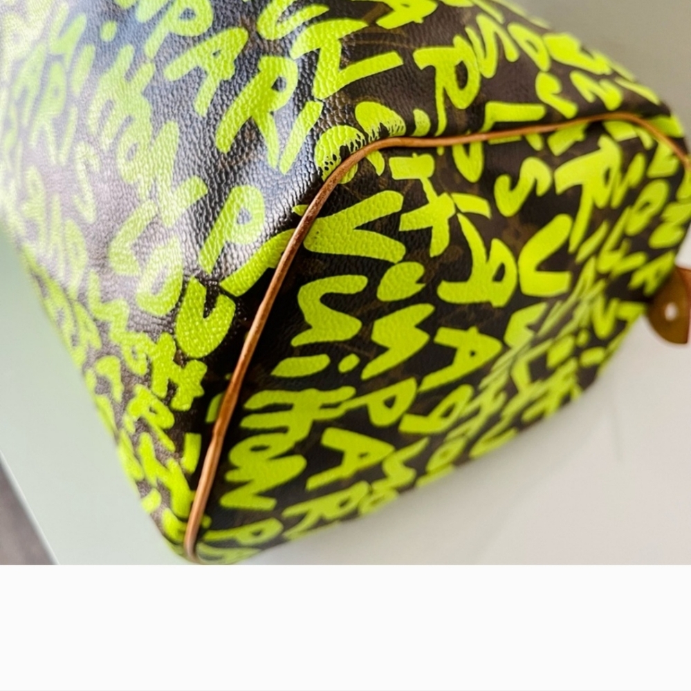 LOUIS VUITTON X Stephen Spriuse Monogram Graffiti Speedy 30 neon green LV bag - Picture 15 of 16